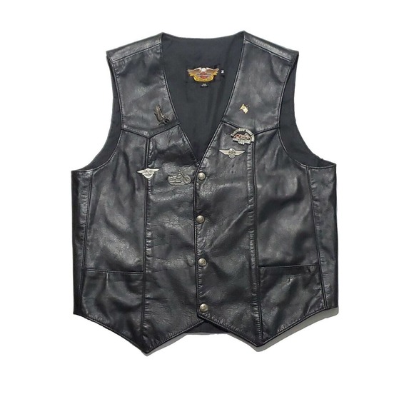 Vtg Harley Davidson Sz M Motorcycles Genuine Black Leather Snap Up Pinned Vest